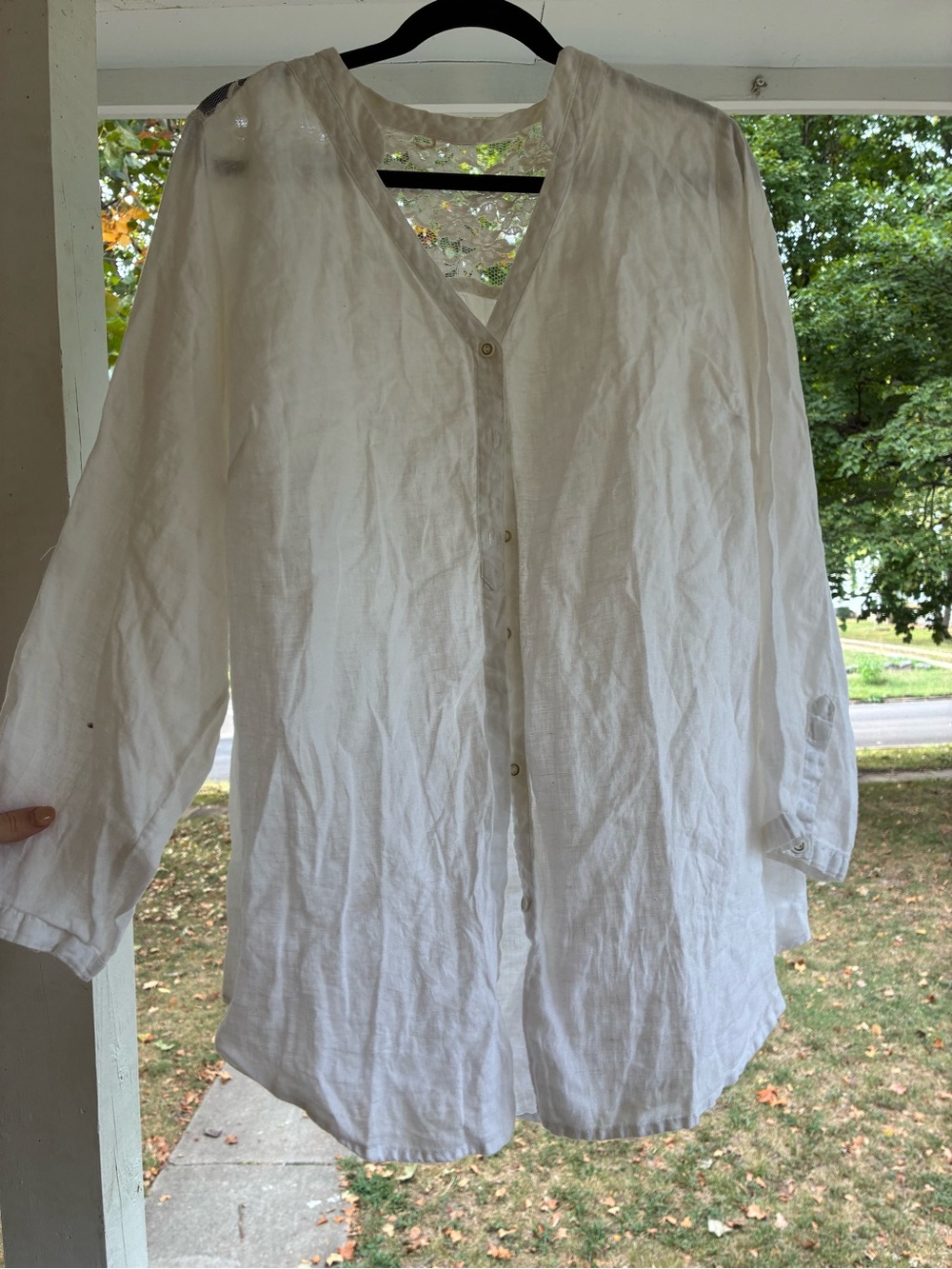 Women's White Linen Button-Front Shirt - Relaxed V-Neck